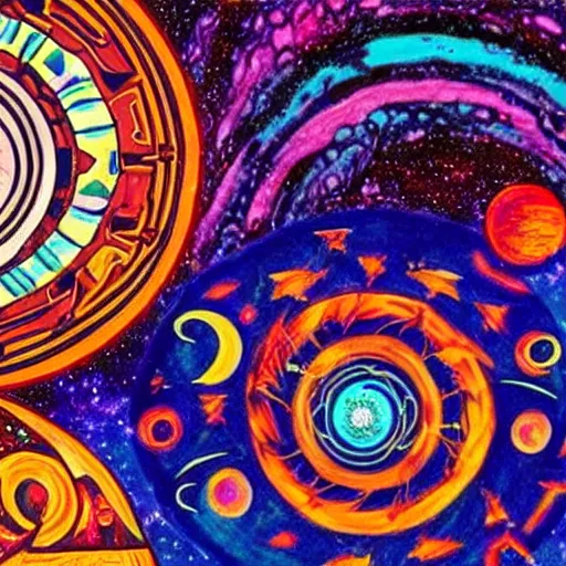 Prompt: Liminal space in outer space, Global Village Coffeehouse aesthetic, colorful, tribal ancient imagery, suns, spirals