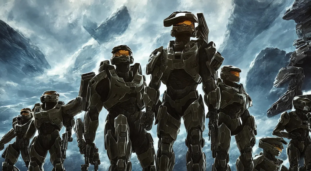 Prompt: Epic wallpaper of a zoomed out symmetrical depiction of war in the video game Halo, award winning, digital art,, incredible quality, 4k, by Greg Ludkowksi