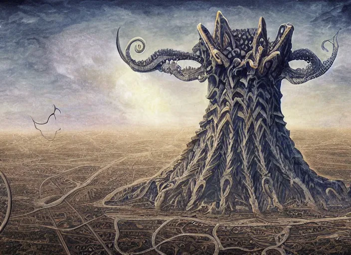 Image similar to lovecraftian structures in the sky by bosch, highly detailed digital painting