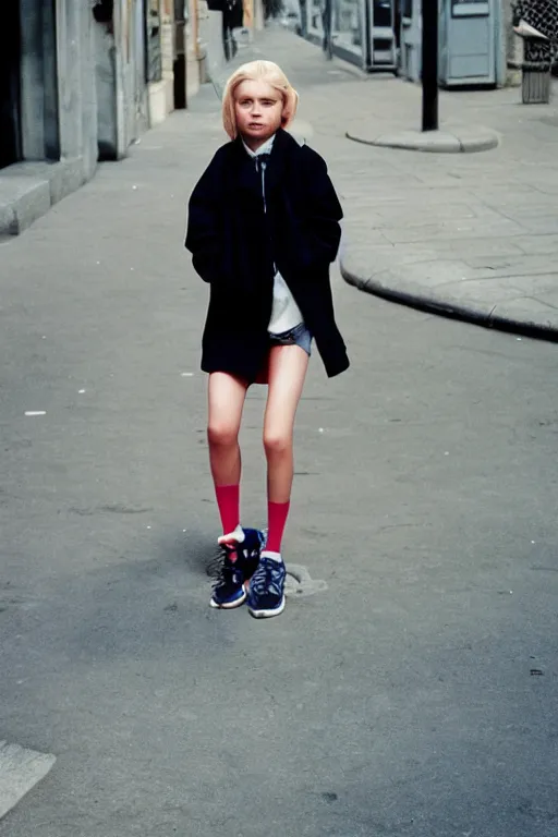 Image similar to high quality realistic street photo of girl, blond hair, clothes in the style of 1 9 9 0, sneakers, lowered socks, loose coat ; kodak ektar, 2 0 0 iso, 3 5 mm lens, bill henson style beautiful chiaroscuro lighting, beautiful colour palette, beautiful and realistic, wide shot