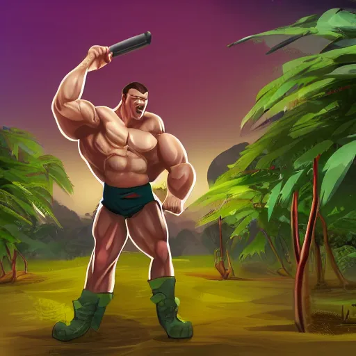 Image similar to a man with a big muscle holding a weapon in the middle of a jungle it's a sunny day and in the background there is a camp surrounded by a couple of trees digital concept art