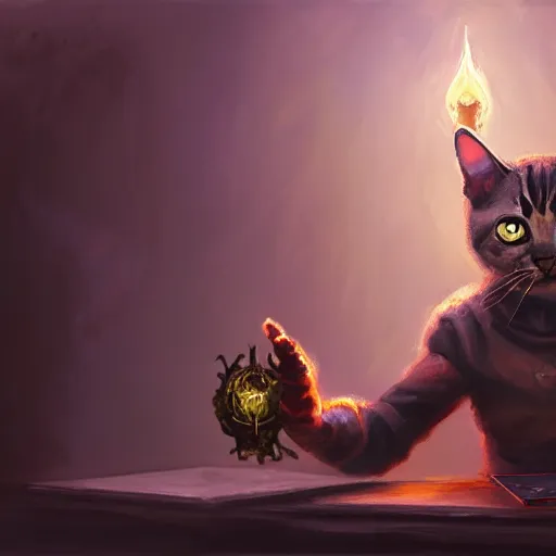 Prompt: Oil Painting of Cat, Anthropomorphized, casting evil spell, magic the gathering artwork, horror, D&D, fantasy, cinematic lighting, centered, symmetrical, highly detailed, digital painting, artstation, concept art, smooth, sharp focus, illustration, volumetric lighting, epic Composition, 8k, art by Akihiko Yoshida and Greg Rutkowski and Craig Mullins, oil painting, cgsociety