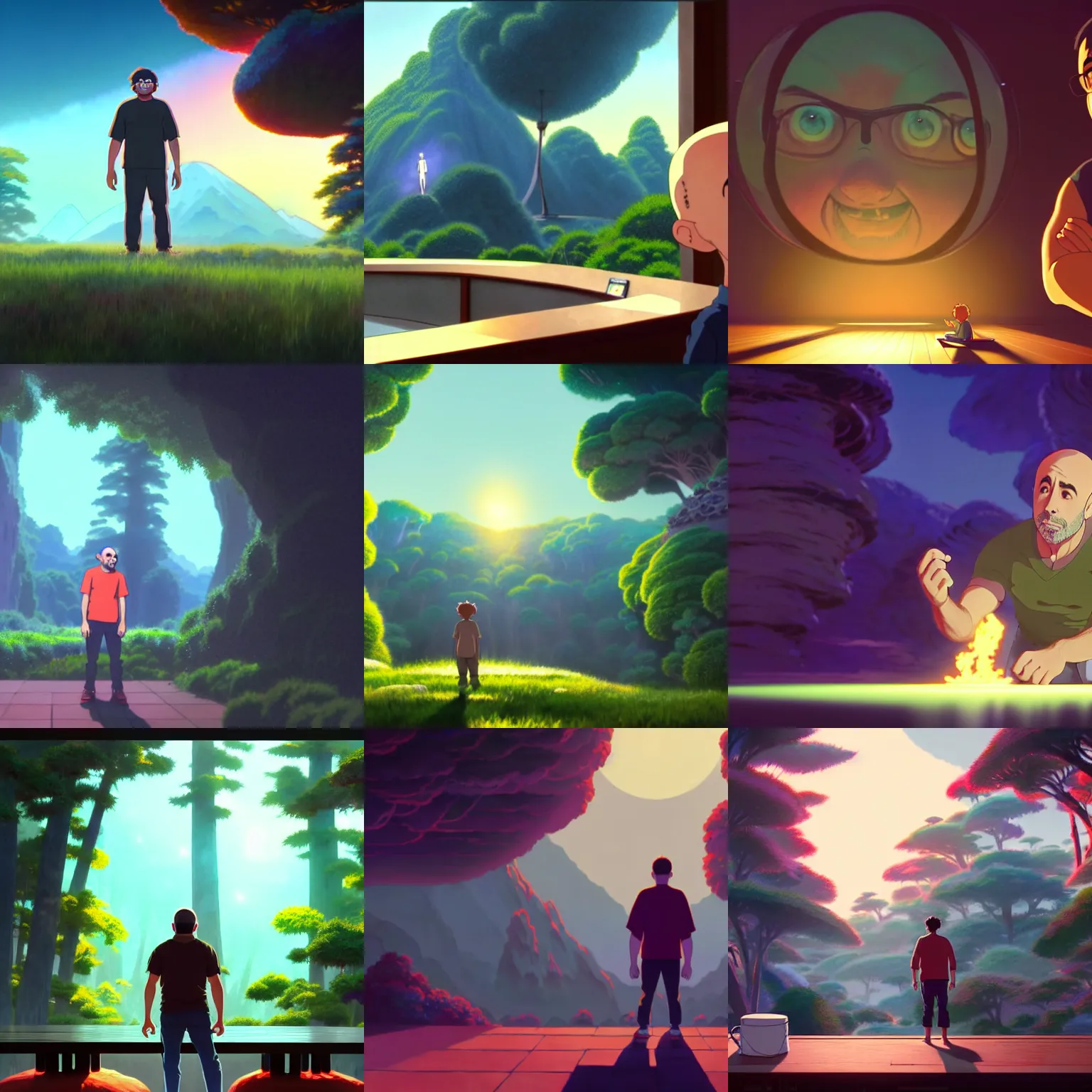 Prompt: a wholesome animation key shot of joe rogan hallucinating on dmt, medium shot, studio ghibli, pixar and disney animation, sharp, rendered in unreal engine 5, anime key art by greg rutkowski, bloom, dramatic lighting