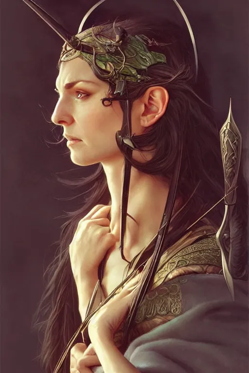 Image similar to portrait of a wise elven archer, dark, piercing eyes, gentle expression, elegant clothing, photorealistic, highly detailed, artstation, smooth, sharp focus, art by michael whelan, artgerm, greg rutkowski and alphonse mucha