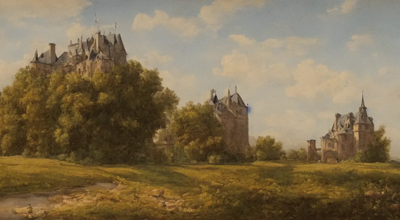 Prompt: a landscape painting of a French castle