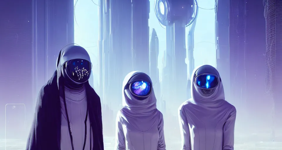 Image similar to portrait of yael shelbia and kang seul - gi, venus squid astronaut, burka, white hair, intricate design details. cyberpunk, rioter, by ruan jia, beeple and richard corben. smooth gradients, deep space.