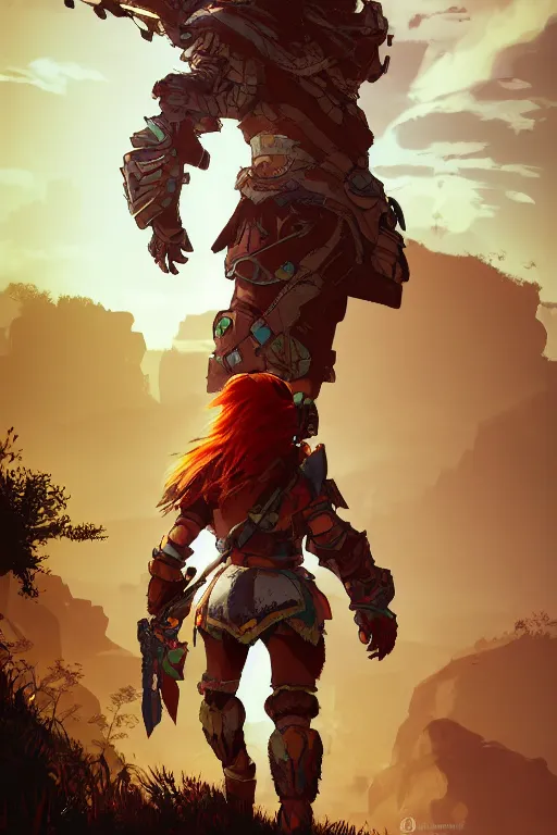 Image similar to combination suit armor aloy horizon forbidden west horizon zero dawn radiating a glowing aura global illumination ray tracing hdr fanart arstation by ian pesty and alena aenami artworks in 4 k tribal robot ninja mask helmet backpack