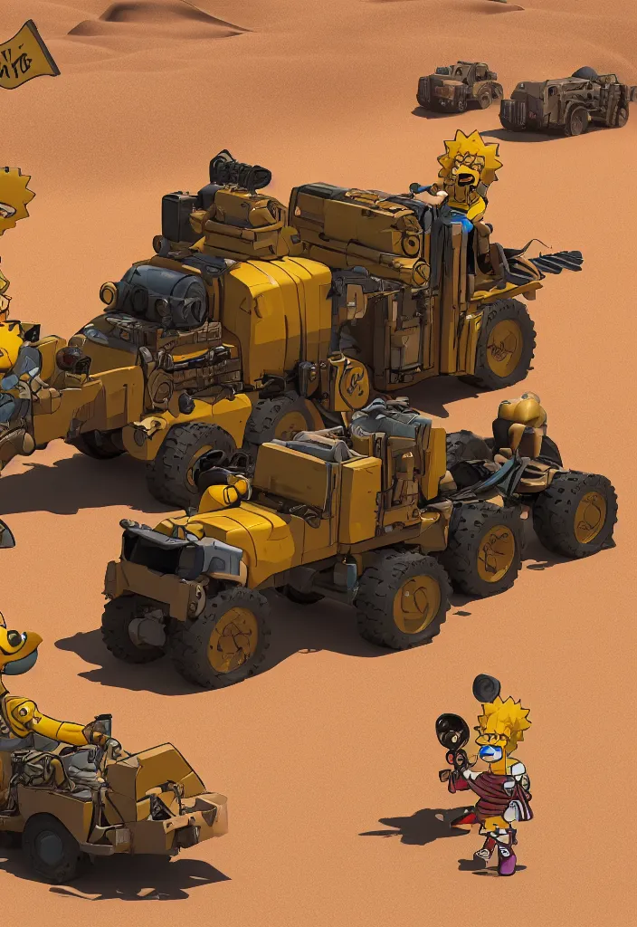 Prompt: Lisa Simpson riding Fury Road War Rig vehicle through the desert, borderlands 4k render