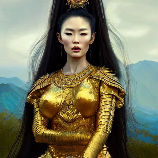 Prompt: beautiful realistic portrait of a gorgeous mongolian princess in a sensual pose covered with golden ornate armor, centered face, with full makeup, atmospheric lighting, intricate, volumetric lighting, beautiful, sharp focus, ultra detailed, in the art style of bowater, charlie, brom, gerald, lake baikal in the background, astrophotography