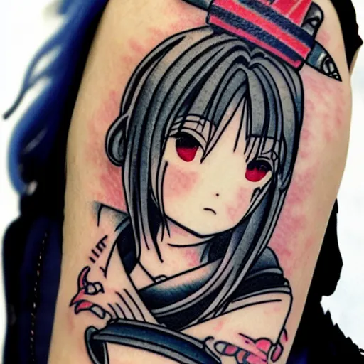 Prompt: japanese female samurai anime ninja schoolgirl, chibi, tattoo on upper arm