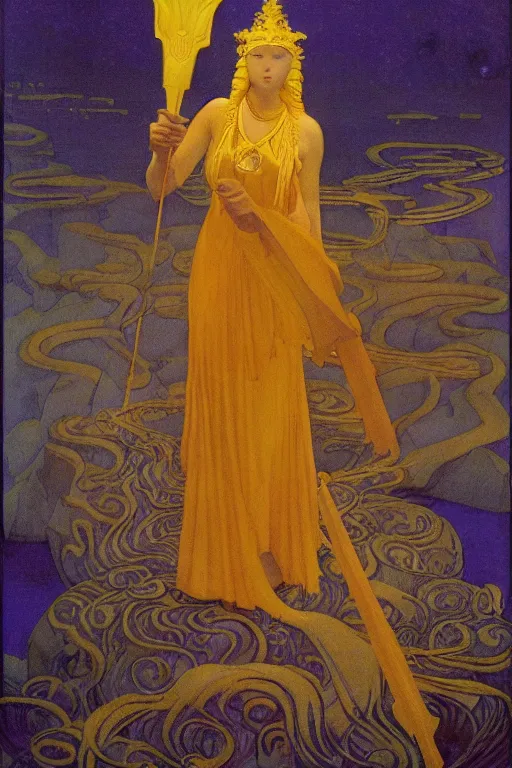 Image similar to lost queen of the night river with her scepter, by Nicholas Roerich and jean delville and Maxfield Parrish, dramatic cinematic lighting , ornate headdress , lost civilizations, extremely detailed