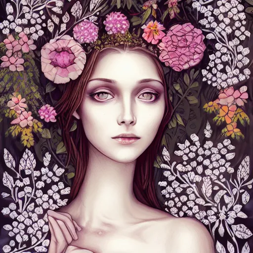 Image similar to a picture of a woman with a symmetrical detailed face, in a white lace dress and covered in flowers and leaves sitting in an enchanted forest, sunset, high fantasy, elegant, epic, detailed, intricate, digital painting, concept art, realistic detailed face, smooth, focus, soft rim light,