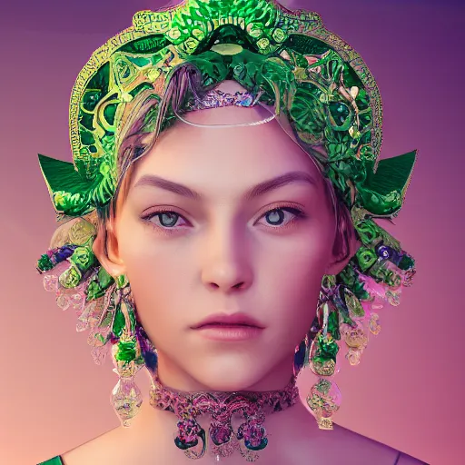 Image similar to photograph of wonderful princess with smooth fair skin, green jewelry, breathtaking, elegant, ornate, intricate, hyper detailed, accent lighting, dramatic light, 4 k octane render