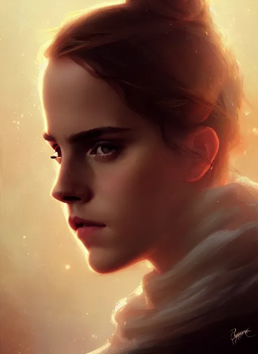 Prompt: portrait of emma watson, digital art by artgerm and greg rutkowski, gaston bussiere, sakimi chan and android jones and karol bak, cinematic lighting, trending on artstation, volumetric dust, intricate, elegant