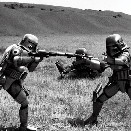 Image similar to star wars mandalorians combat soldiers in vietnam, photo, old picture, lush landscape, field, firearms, explosions, x - wings, aerial combat, active battle zone, fire, battle droids, jedi, land mines, gunfire, violent, star destroyers, star wars lasers, sci - fi, american soldiers, agent orange, bomber planes, trench warfare