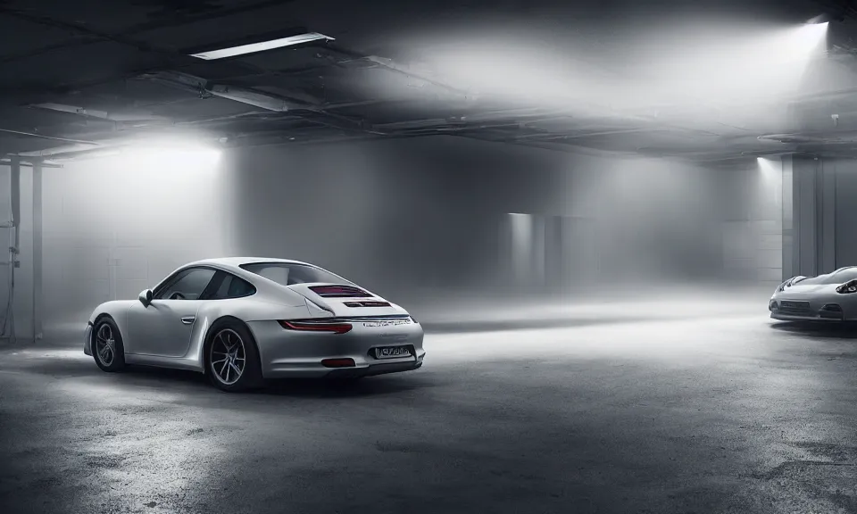 Image similar to photo of a porsche 911 standing in a garage, mist, volumetric light, cinematic lighting, octane render, 4k