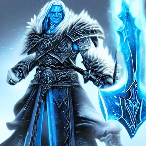 Prompt: “ arthas the lich king with his sword on blue fire ”