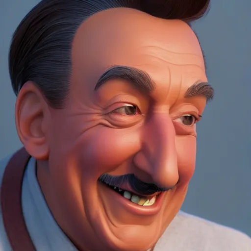 Image similar to walt disney smilin, hyperrealistic, concept art, octane render, unreal engine 5, trending on deviantart, highly detailed, high quality, 8 k, soft lighting, cute, natural lighting, realistic face, trending on artstation, elegant clothes, profile picture, path traced, disneyland background