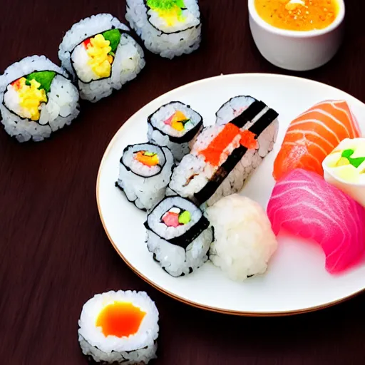 Prompt: A delicious plate of sushi, food photography, onigiri, michilin star