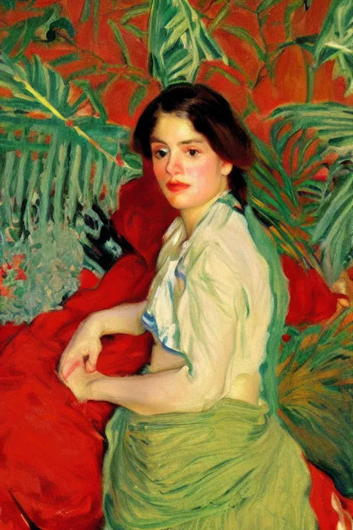 Prompt: a girl with arabesque red and green and golden detailed scarf on persian carpet, mexican palms in back, painting by john singer sargent