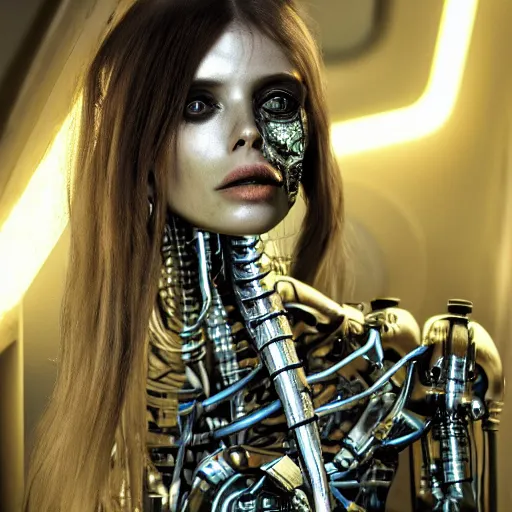 Image similar to charlotte kemp muhl as a cyborg android, giger, futuristic, cyberpunk, neon, vivid color, high resolution, 8 k detail