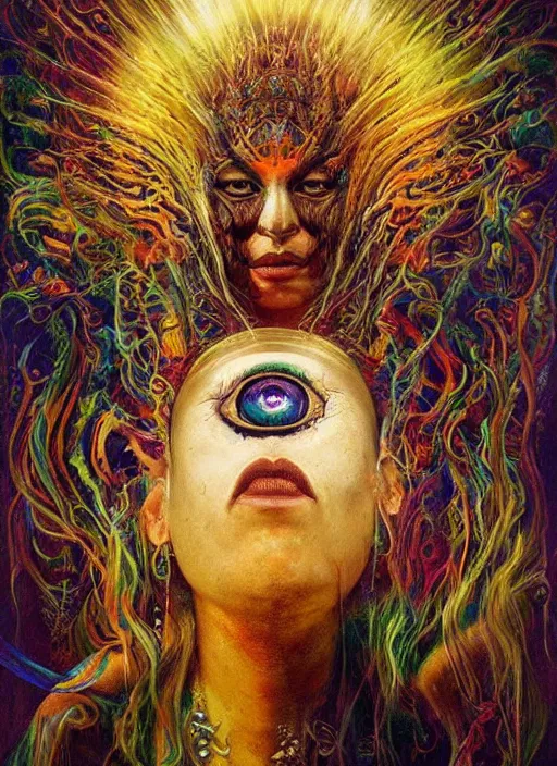 Prompt: ayahuasca ritual with shamans, painted face, third eye, energetic consciousness psychedelic, dmt, epic surrealism expressionism symbolism, perfect, by karol bak, louise dalh - wolfe, pablo amaringo, masterpiece