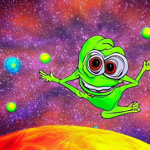 Image similar to a 3 d render of a psychedelic pepe, tripping on mushrooms, floating in space, hd, digital art