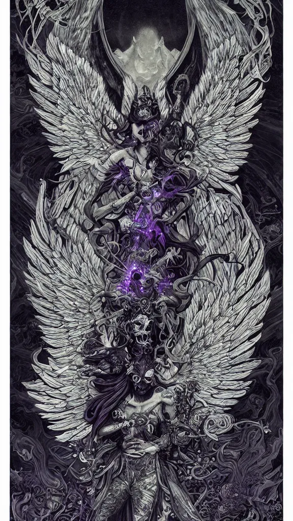 Image similar to dark aether, angel cannabis wings, skulls, dark THC atmosphere, detailed linework, black blue purple and white trychomes, cinematic, psychedelic, black hemp paper, ornate, symmetrical, tarot card, highly detailed, ink illustration, style of peter mohrbacher, golden ratio, 8k