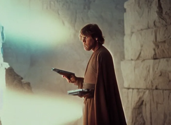 Image similar to detailed photo of Luke skywalker uncovering the glowing book of ancient jedi texts. a hazy ethereal ancient temple, screenshot from the 1983 film, Photographed with Leica Summilux-M 24 mm lens, ISO 100, f/8, Portra 400, kodak film, anamorphic lenses