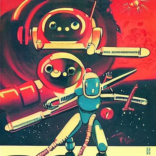 Prompt: Yoshimi versus the evil robots, vintage sci-fi poster art by Tom Jung