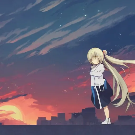 Image similar to Astonishing Pixiv 8K Splash art of an Anime Key Visual Pinterest loli with blond hair and cute pigtails who wears a blue coat with a hood and black shorts when practicing parkour through a big modern city in twilight from Unsplash. She does a superhero pose against a cinematic dark scene of an HDR sunset with faint orange light in Studio Ghibli style. Amazing piece Trending on Artstation and DeviantArt, dynamic lighting,