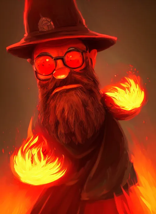 Prompt: grumpy fire mage, black clothes, red and brown beard, whimsical, portrait in the style of craola, macro lens, shallow depth of field, highly detailed, digital painting, trending artstation, concept art, illustration, cinematic lighting, vibrant colors, photorealism, epic, octane render, magic the gathering artwork, centered