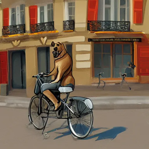 Prompt: artstation digital painting, a dog riding a bike in paris