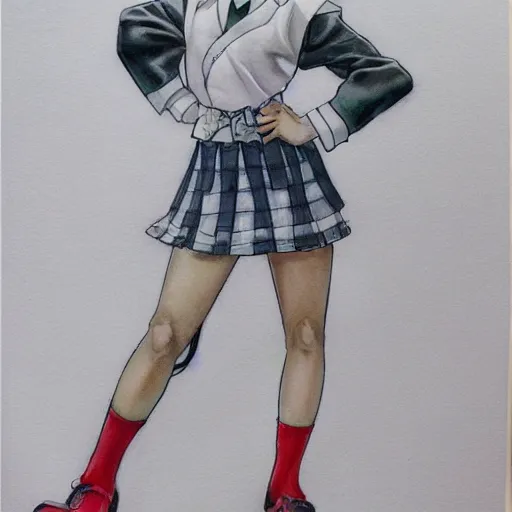 Image similar to a perfect, realistic professional digital sketch of a Japanese schoolgirl in style of Marvel, full length, by pen and watercolor, by a professional American artist on ArtStation, a hollywood-style sketch, on high-quality paper