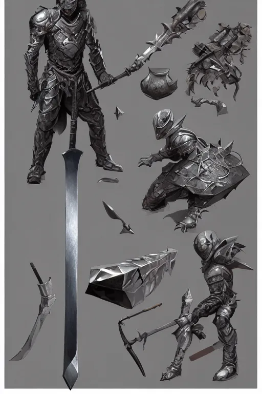 Image similar to item concept art on grey background of metallic shadow axe sword and armor by artgerm and Craig Mullins, James Jean, Andrey Ryabovichev, Mark Simonetti and Peter Morbacher 16k