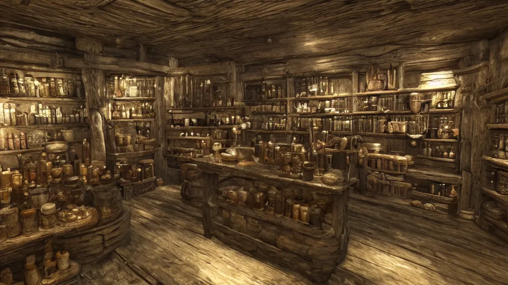 Prompt: 12th century apothecary shop, still from the game skyrim!!!, wide lens