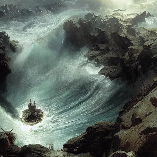 Image similar to an eerie whirlpool, seen from above, in a cave matte painting, fantasy art, by greg rutkowski, by andreas achenbach,