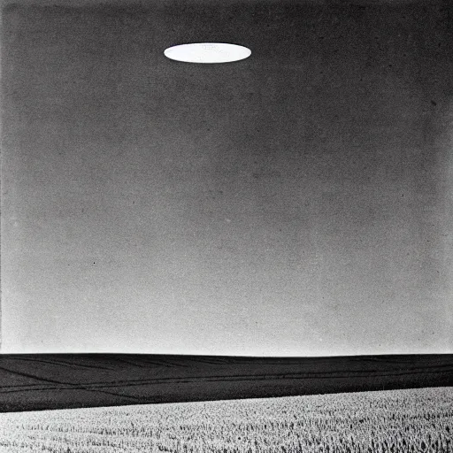 Prompt: a picture of an ufo above an wheat field, black and white, 1 9 2 0's, pictorialism