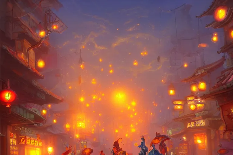 Prompt: fantasy art of glowing goldfish swimming in the air, in the streets of a japanese town at night, with people watching in wonder, by tyler edlin, highly detailed digital art, trending on artstation