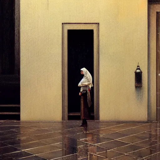 Prompt: detailed face of a woman, moment, courtyard, capital, cyberpunk mosque interior, control panel, watcher, omniscient, tech noir, wet reflections, impressionism, atmospheric, ambient, speed painting, livia prima, edward hopper