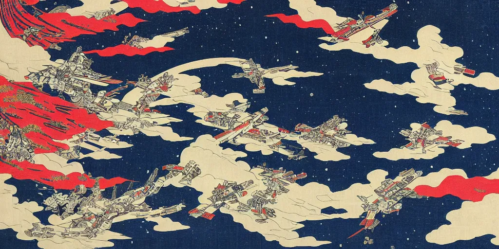 Prompt: space battle dogfight with famous fictional craft in style of katsushika hokusai, highly detailed, woodblock print