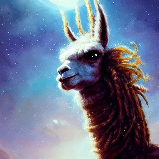 Image similar to detailed space portrait of a llama with dreadlocks, realistic creature concept, heroic pose, ultra realistic, ultra detailed, art by greg rutkowski