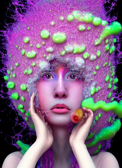 Image similar to hyper detailed 3d render like a Oil painting - kawaii portrait Aurora (white haired Singer Marten) seen Eating of the Strangling network of yellowcake aerochrome and milky Fruit and Her delicate Hands hold of gossamer polyp blossoms bring iridescent fungal flowers whose spores black the foolish stars by Jacek Yerka, Mariusz Lewandowski, Houdini algorithmic generative render, Abstract brush strokes, Masterpiece, Edward Hopper and James Gilleard, Zdzislaw Beksinski, Mark Ryden, Wolfgang Lettl, hints of Yayoi Kasuma, octane render, 8k