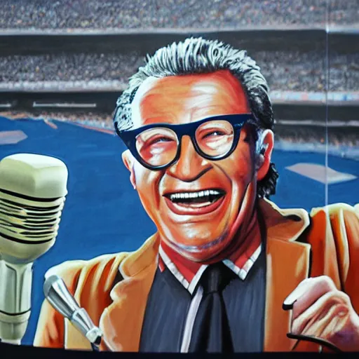 painting of harry caray singing in press box