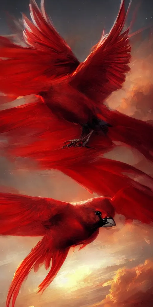 Image similar to a painting of a red cardinal flying through the sky, poster art by raymond swanland, deviantart, fantasy art, christian, deviantart, mystical