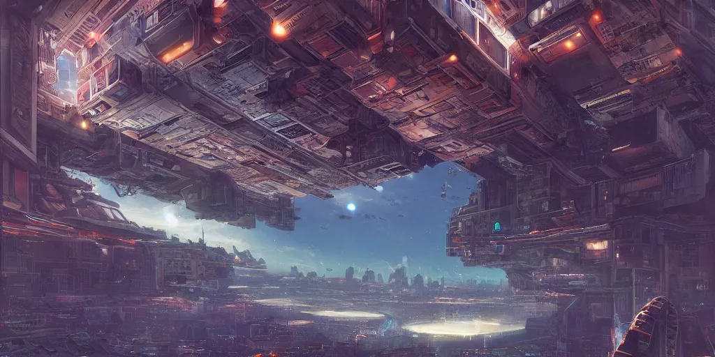 Image similar to a huge bustling futuristic space station at the edge of the universe, filled with people and shops and bars and neon signs, where the horizon of apocalypse of the gods clashes upon, megastructure, immaculate highly detailed gloss rendering, marc simonetti, shinkai makoto, federico pelat, alena aenami, donna haraway
