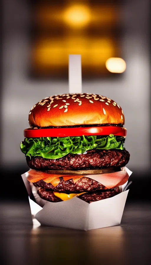 Image similar to an infinite burger, symmetry, cinematic, elegant, expensive, luxury materials, perfect light, perfect composition, dlsr photography, sharp focus, 4 k, ultra hd, sense of awe, by tiffany and swarovski