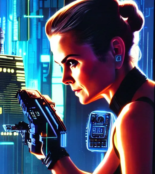 Image similar to cable plugged in, side of head, keri russell, cyberdeck computer terminal, 1 9 7 9 omni magazine cover, style by vincent di fate, cyberpunk 2 0 7 7, very coherent, detailed, 4 k resolution, unreal engine, daz