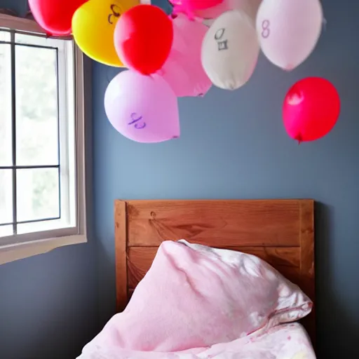 Image similar to japanese paper balloons hanging above a child's bed in their bedroom. dark room with light spilling in from the window