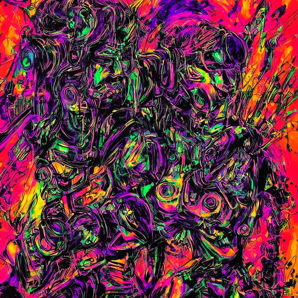 Image similar to psychedelic cyberpunk demon painting, rocking out, headphones DJ Rave